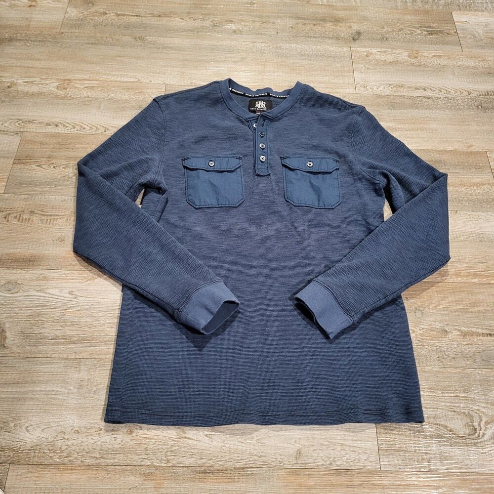 Rock & Republic Waffle Knit Double Pocket Henley Long Sleeve Shirt Men's Medium